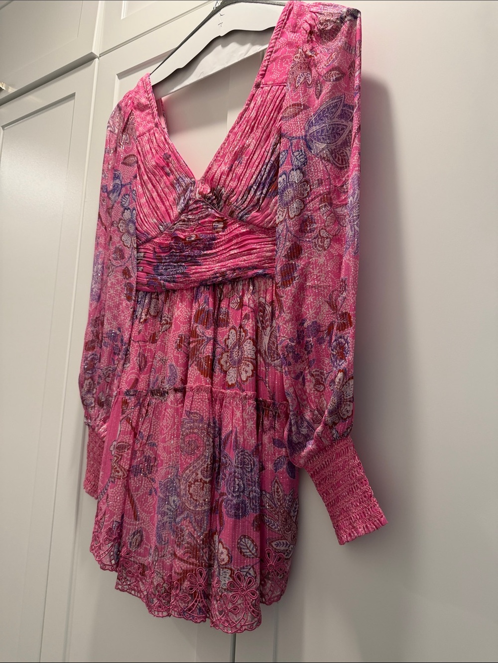 HEMANT & NANDITA Pink Floral V-Neck Long Sleeve Tiered Dress